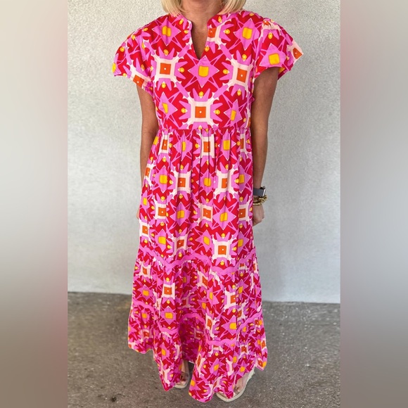 Strawberry Pink Geo Print V-neck Maxi Dress Bohemian Long Dress - Picture 3 of 12